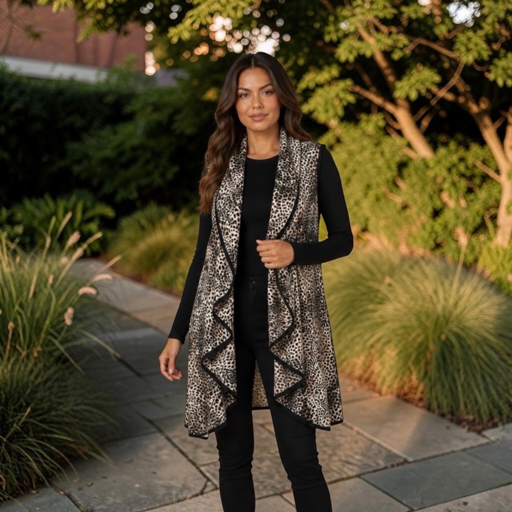 Boho Leopard Animal Print Waterfall Duster Vest Open Front Sleeveless‎ One Size